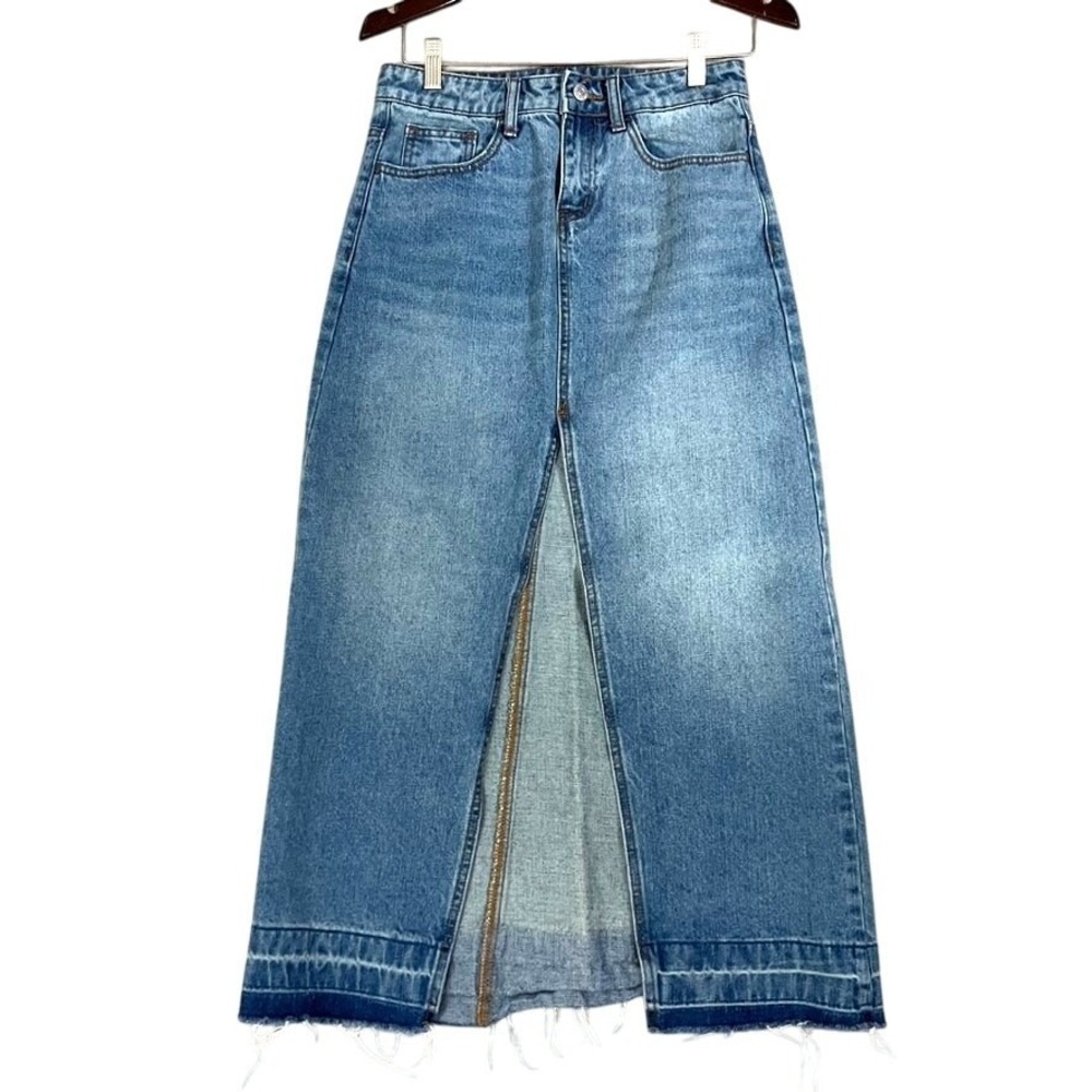 BDG Denim Maxi Skirt Womens Small Blue High Rise Front Slit Frayed Hem